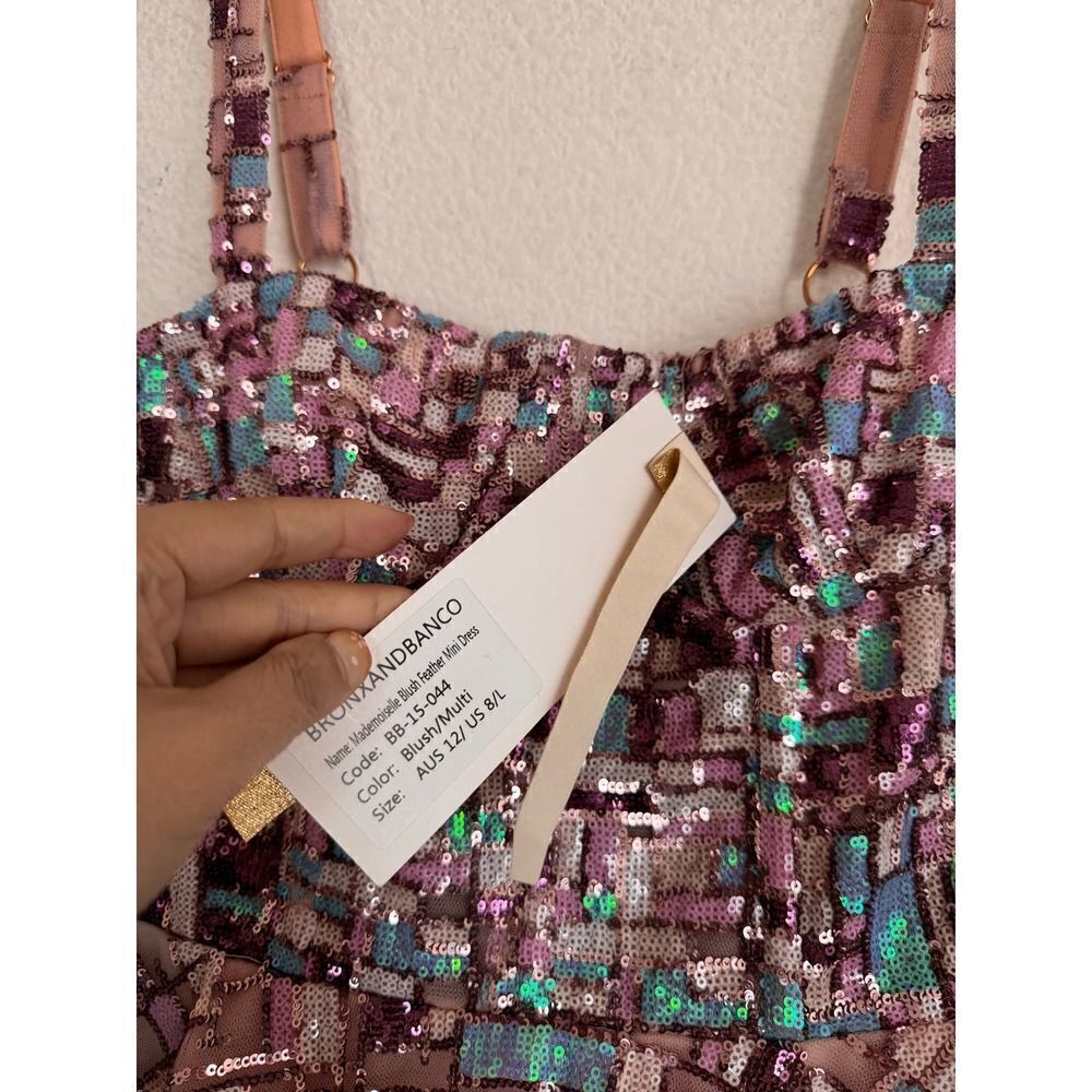 BRONX AND BANCO mademoielle feather mini dress in blush/multi Large (US8) - Picture 12 of 13